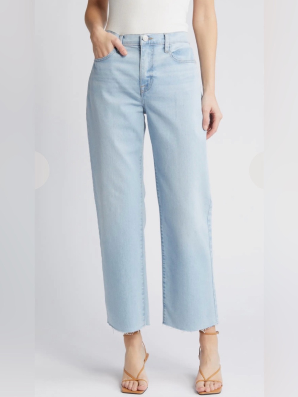 FRAME Le Jane Ankle Straight Leg Jeans in Soap Raw Hem Light Blue